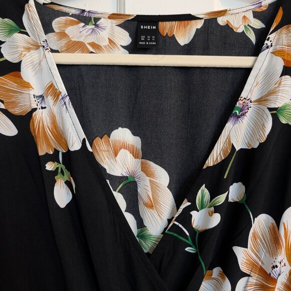 Shein Black Floral Wrap Maxi Dress — Flutter Sleeves, Deep V-Neck, Size 2XL - Picture 7 of 11